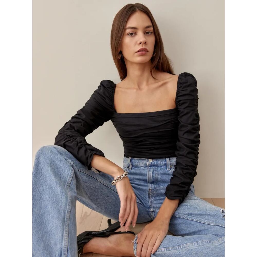 Reformation Top Joi Ruched Cotton Black 4 Long Sleeve Smocked Square Neck